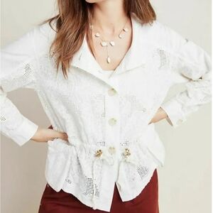 A By Anthropologie White Eyelet Anarok Button Down Lightweight Jacket Sz Medium